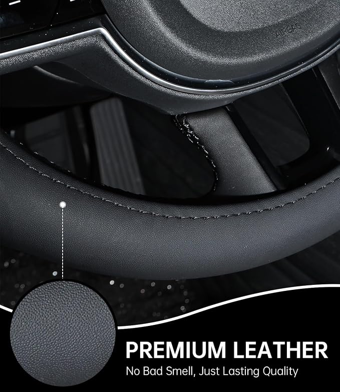 XCBYT Steering Wheel Cover - Black Leather Steering Wheel Wrap Great Grip with 3D Honeycomb Quick and Effortless Installation Non-Slip Silicone Inner Ring for Women Man Universal Fit 14.5-15 Inch