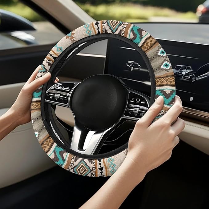 Wanyint Southwest Aztec Beige Blue Car Steering Wheel Cover Universal 15 Inch Auto Accessories Car Interior Decoration for Women Men Fit SUV Sedans Vans Trucks