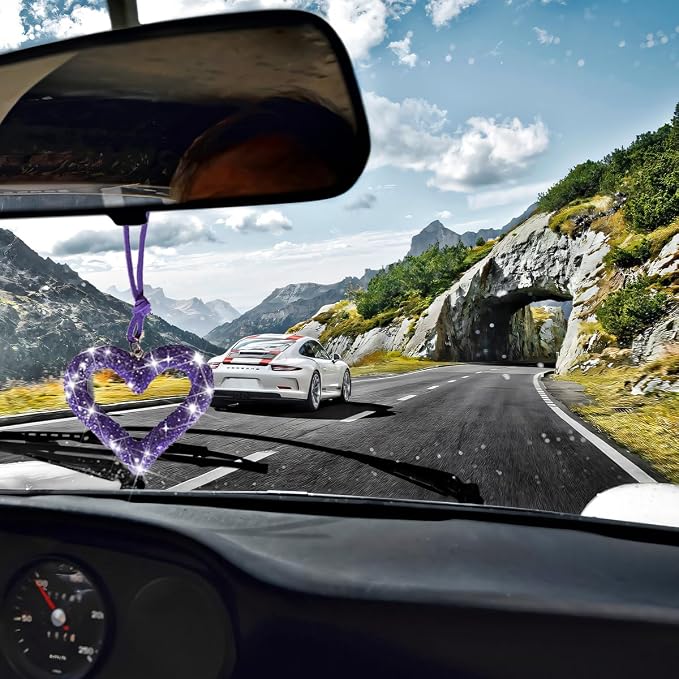 Mandark Bling Heart Car Hanging Accessories, Crystal Rhinestone Vehicle Rear View Mirror Charm Pendant Ornaments, Cute Diamond Auto Interior Hanger Decoration for Women Girls（Purple）