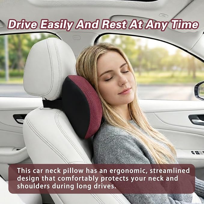 Super Versatile Car Headrest Pillow, Soft Car Pillow for Neck Pain Relief | Adjustable Strap, 100% Memory Foam & Breathable Removable Cover, Ergonomic Design - Travel Car Neck Pillow(Wine-Red, 1PC)