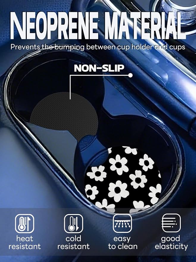 WOCOCN Car Coasters,Cup Holder Coasters for Car,2.75inch Anti Slip and Absorbent,Cute Automotive Interior Accessories for Cup Holder,Pack of 2 (Black Daisy)