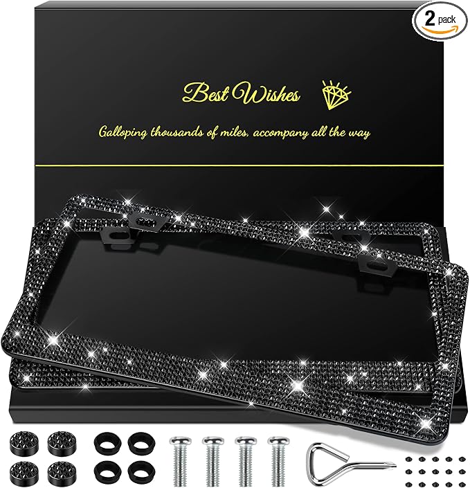 QUANQIUFEI 2 Pack Bling License Plate Frames for Women, Sparkly Rhinestone Diamond Car Accessories with Glitter Crystal Caps (Black)
