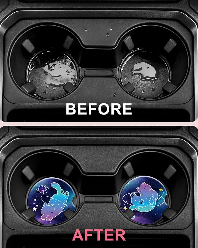 Swooflia 2 Pack Absorbent Ceramic Car Coasters for Women - 2.55 Inch Galaxy Cosmic Cat Car Cup Holder Coasters with Cork Base, Funny Car Accessories, New Driver Gifts