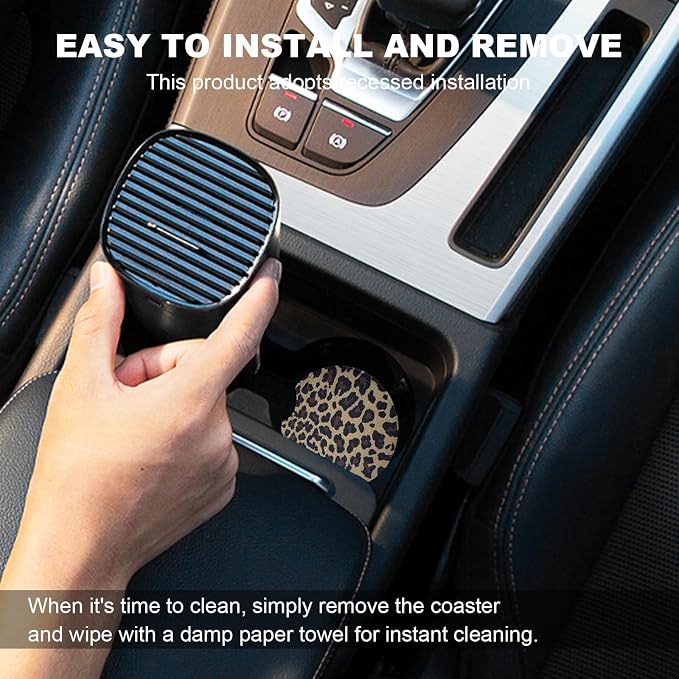 2PCS Car Cup Holder Coasters, Leopard Print Absorbent Rubber Insert Coaster with Finger Notch, Anti-Slip Drink Cup Mat Cute Vehicle Interior Accessories for Women Men (C2)