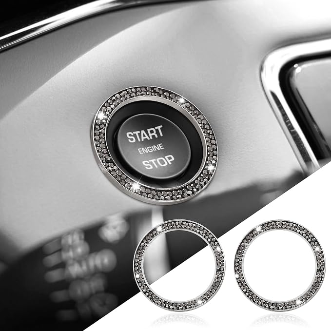 2PCS Car Bling Crystal Rhinestone Engine Start Ring Decals, Push to Start Button Cover, Key Ignition & Knob Bling Ring, Key Ignition Knob Bling Ring, Bling Car Accessories for Women