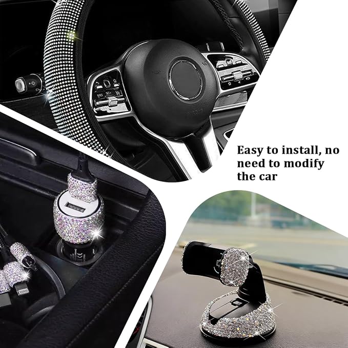 27PCS Bling Car Accessories Set for Women, 14.5-15" Rhinestone Steering Wheel Cover Cup Coaster, USB Charger Phone Holder Headrest Hook, Diamond Auto Interior Decor, Universal Fit (Multicolor)
