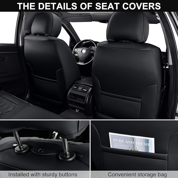 Black Car Seat Covers Full Set, Breathable Leather Automotive Front and Rear Seat Covers & Headrest, Universal Automotive Vehicle Seat Cover for Most Sedan SUV Pick-up Trucks