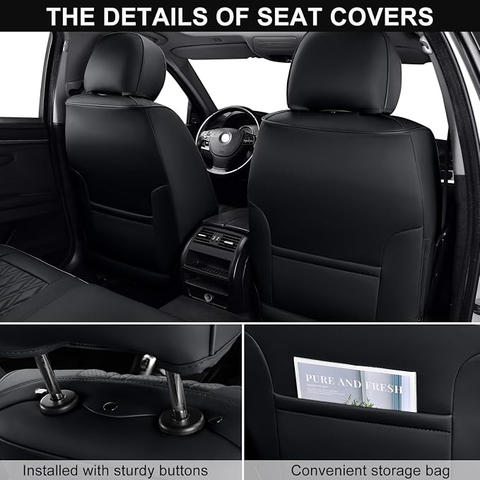 Black Car Seat Covers Front Pair, Breathable Leather Automotive Front Seat Covers with Headrest, Universal Automotive Vehicle Seat Cover for Most Sedan SUV Pick-up Trucks