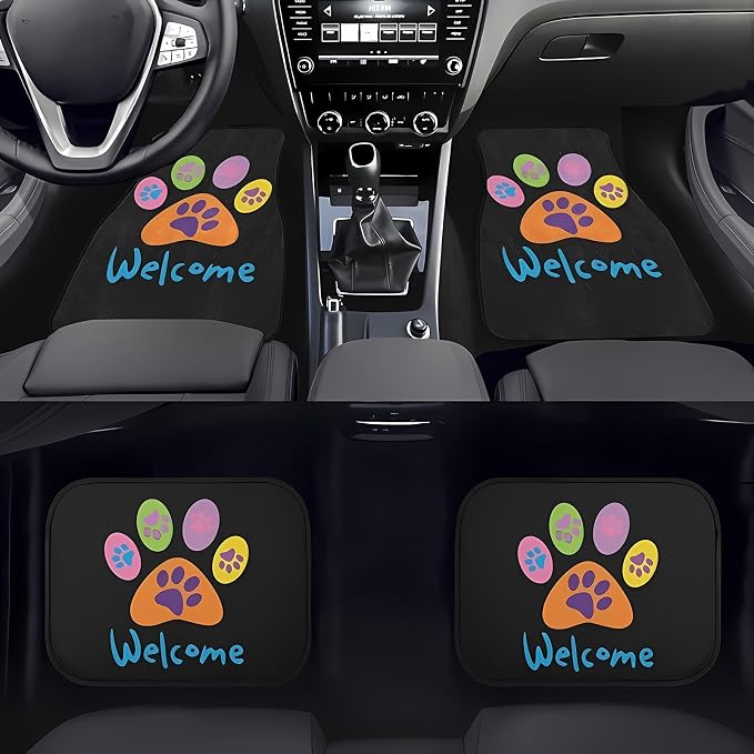 Universal Fit Car Floor Mats Set of 4Pcs, Colored Paw Prints All-Weather Front Rear Car Carpet Mats, Non-Slip Car Floor Mat Car Accessories for Automotive Trucks SUV Sedans Vans