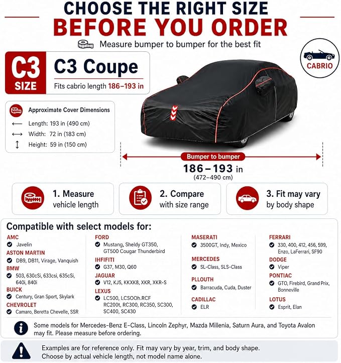 Coupe Car Cover Waterproof All Weather, 8-Point Fastening Fits186-193 in | 8-Point Fastening, 120s Quick Setup, 600D Oxford Fabric, All-Weather Protection