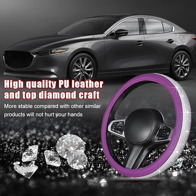povtii Bling Car Steering Wheel Cover, Sparkling Crystal Rhinestone Auto Wheel Protector, Anti Slip Cover Fit 15 Inch Steering Wheel for Women Girls, Universal Car Accessories (White+Purple)