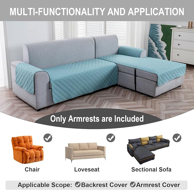 Genina Sofa Armrest Cover, Anti-Slip Armchair Slipcovers for Dogs Cats Pet, Water Resistant Couch Arm Cover for Backrest Recliner Loveseat, L Shaped Sofa, 23.6 x 27.5 Inches（2 Pieces）