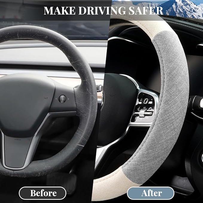 Car Steering Wheel Cover, Breathable Comfort Grip Vehicle Steering Wheel Wrap with Inner Ring, Automotive Interior Protective Accessories, Universal Fit (Grey)