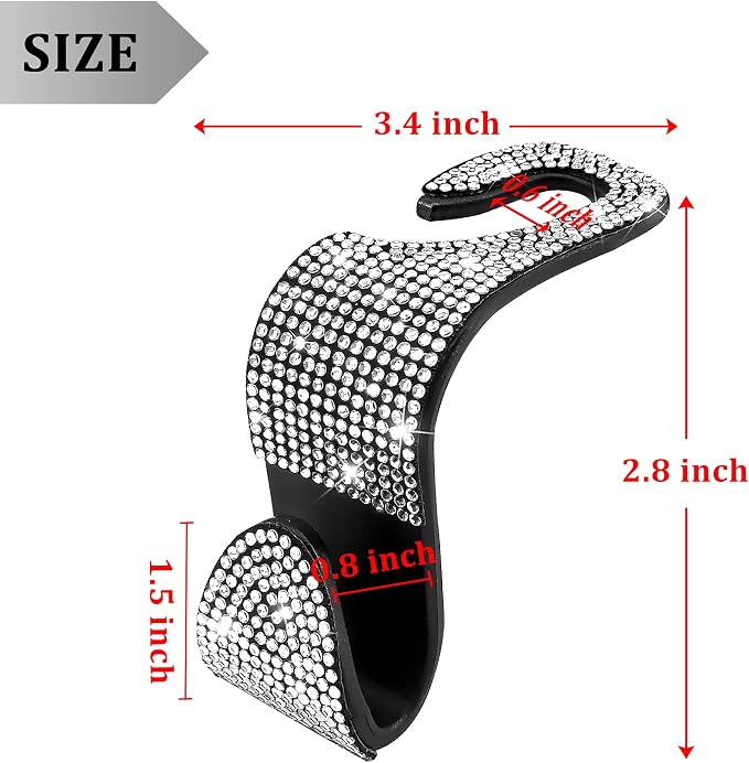 Dermasy® 2 Pack Car Hooks, 2021 New Bling Rhinestones Crystal Hooks Car Decorations Auto Seat Back Organizers Strong and Durable Backseat Hanger Storage Universal for SUV Truck Vehicle (Silver)