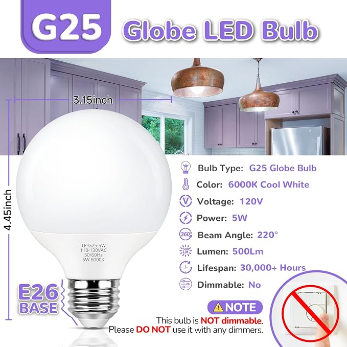 MAXvolador G25 LED Globe Light Bulb 60W Equivalent, Cool White 6000K E26 Vanity Round Bulbs for Bathroom Makeup Mirror, Non-Dimmable 500LM, 8-Pack