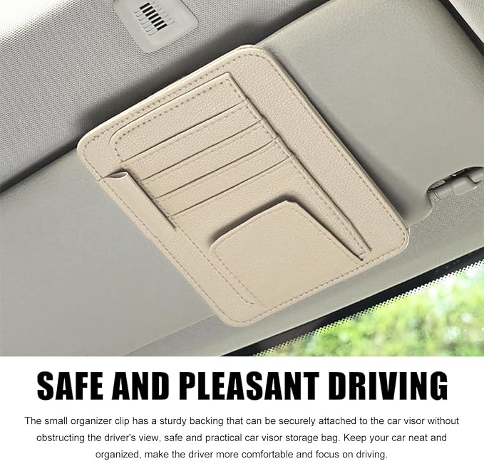 povtii Car Sun Visor Organizer, Waterproof Leather Car Sun Visor Storage Clip, Multifunctional Vehicle Sun Visor Folder with Sunglasses Clip, Universal Interior Car Accessories (Beige)