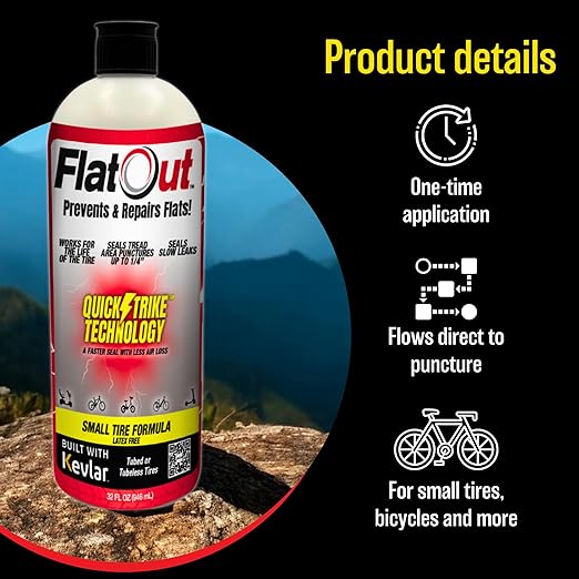 QuickStrike Tire Sealant - Small Tire/Bicycle Formula - NEW Formula - Prevents Flat Tires - Seals Leaks - Contains Kevlar - Tubeless Tire Sealant - 32 Ounce Bottle