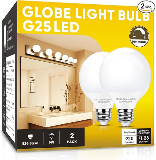 G25 LED Globe Light Bulbs, Bathroom Vanity Light Bulbs E26 Base,9W (90W Equivalent), Soft White 2700K, Round Light Bulbs for Bedroom Makeup Mirror, 920LM, Dimmable, 2 Pack