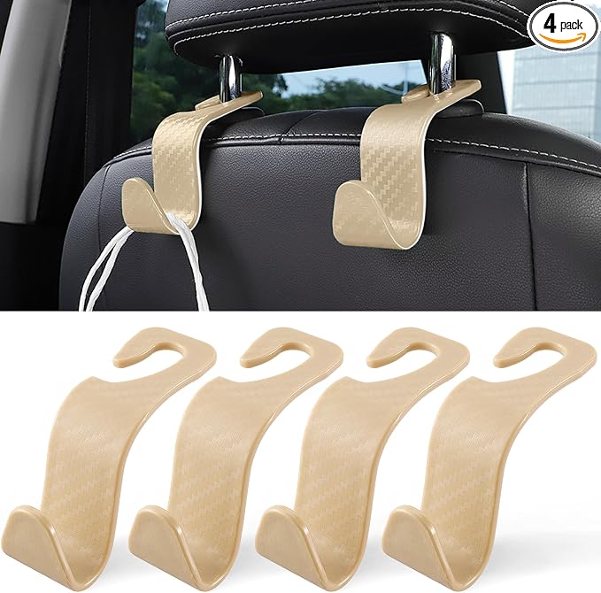 LivTee Car Purse Hook, Headrest Hook for Car, 4 Pack Universal Auto Car Seat Headrest Hook Hangers Organizer for Purse Coat Umbrellas Grocery Bags Handbag, Car Accessories - Carbon Fiber Beige