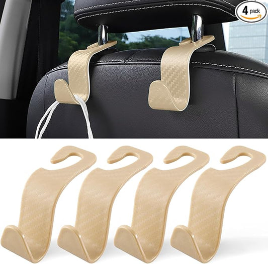 LivTee Car Purse Hook, Headrest Hook for Car, 4 Pack Universal Auto Car Seat Headrest Hook Hangers Organizer for Purse Coat Umbrellas Grocery Bags Handbag, Car Accessories - Carbon Fiber Beige