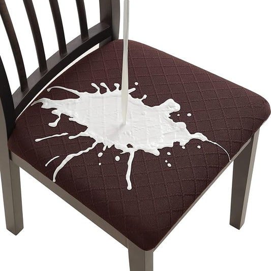 Fuloon Waterproof Seat Cushion Covers 6 PCS, Stretch Jacquard Chair Seat Covers Washable Dining Room Seat Slipcovers Removable Kitchen Chair Protector (6, Waterproof-Chocolate)