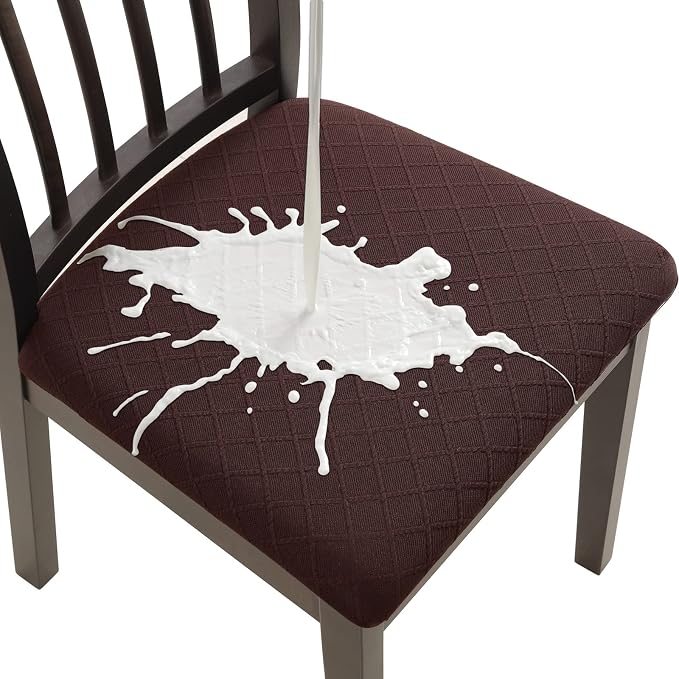 Fuloon Waterproof Seat Cushion Covers 4 PCS, Stretch Jacquard Chair Seat Covers Washable Dining Room Seat Slipcovers Removable Kitchen Chair Protector (4, Waterproof-Chocolate)