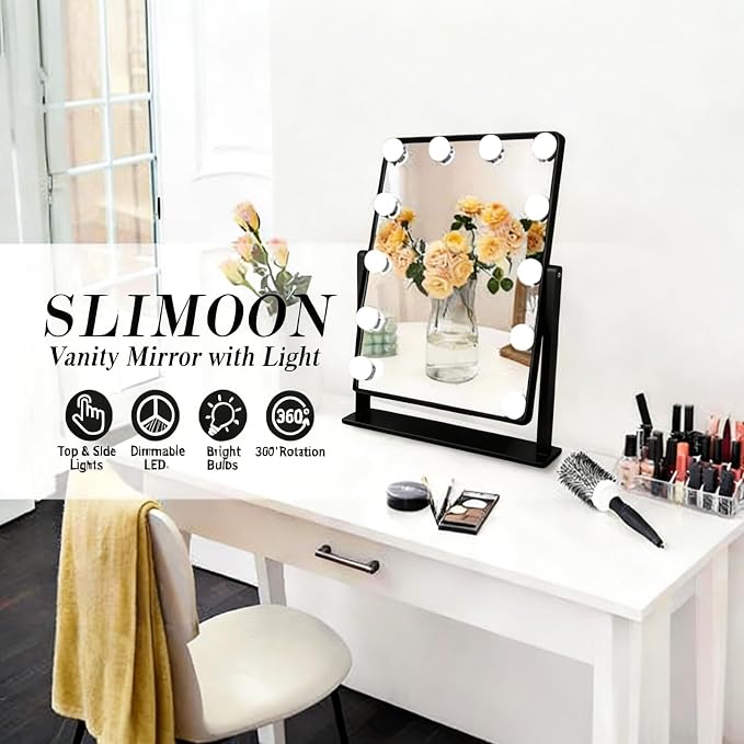 Makeup Vanity Mirror with LED Lights Makeup Mirror Detachable 10X Magnification, Hollywood Make Up Mirror with Lighting, Smart Touch, Rechargeable,360° Rotation, Black 17.12"x13.77"