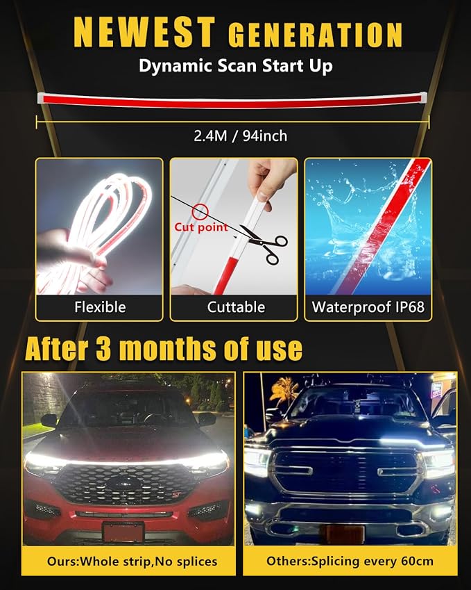 YM E-Bright Led Hood Light Strip Flexible Waterproof Dynamic Scan Start Up Hoodbeam Kit DRL Daytime Running Lights Exterior Led Lights for Cars, Truck, SUV, 12V White 240CM/94inch, 1 Set