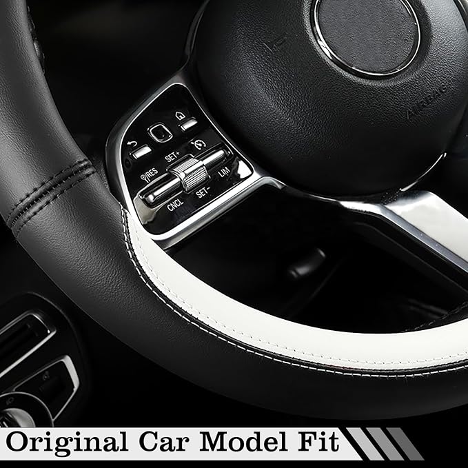 Car Leather Steering Wheel Cover - Panapi Material, Universal 14.5-15 Inch Leather Anti-Slip Breathable Auto Steering Wheel Covers for Men Women (Nappa Leather - Black & White)
