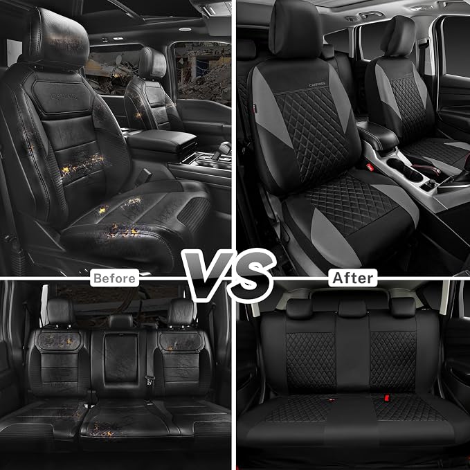CAR PASS Quilting Leather Seat Covers Full Set,Universal Waterproof Deluxe PU Premium Car Seat Cover with 5mm Composite Sponge Inside,Airbag Compatible,Front and Rear Seat Cover for Sedan SUV Van,Gray