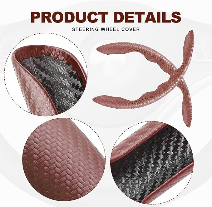 Universal Fit Carbon Fiber Steering Wheel Cover, Segmented Steering Wheel Protector, Carbon Fiber Anti-Skid Steering Wheel Cover Car Interior Accessories (2 Pcs Brown)