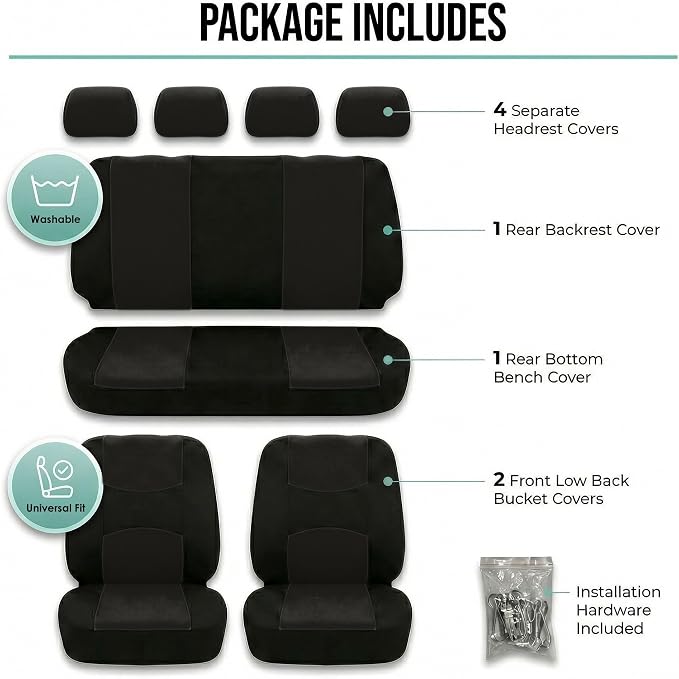 FH Group Car Seat Covers Full Set Cloth - Universal Fit Automotive Seat Covers, Low Back Front Seat Covers, Solid Back Seat Cover, Washable Car Seat Cover For SUV, Sedan And Van Black