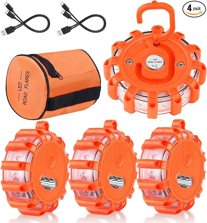Tobfit 4 Pack Rechargeable LED Road Flares Roadside Emergency Car Kit, Emergency Lights for Vehicles Flashing Flare Beacon Disc with Magnetic Base & Hook, Carrying Bag, Type-C USB Cable Included