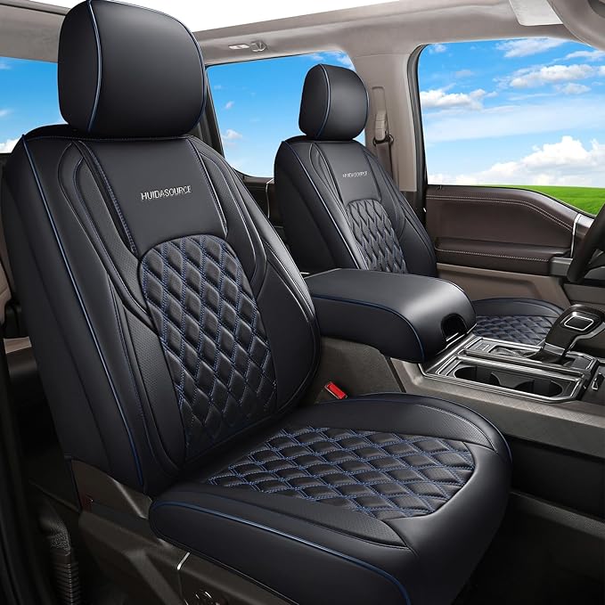 Huidasource Silverado Truck Seat Covers Fit for Chevy Silverado GMC Sierra 1500 2007-2026, 2500HD 3500HD 2015-2026 Crew Double Extended Cab Waterproof Car Seat Protector(Front Pair/Black&Blue)