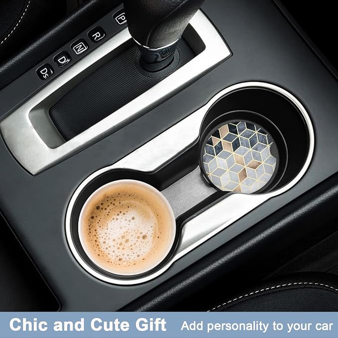 Nipichsha Car Coaster for Cup Holders, 2 Pack Absorbent Ceramic Car Cup Holder Coaster for Drinks, Cute Auto Assecories for Women Men, Size 2.56 in with Finger Notch & Cork Base, Gray Gold Rhombus