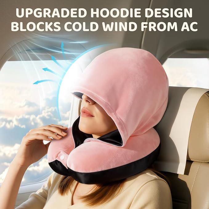 Mewaii Travel Neck Pillow with Hood for Airplanes,Memory Foam,Breathable Ice Silk & Soft Velvet,Double-Sided,Removable to Clean,Adjustable Strap,Portable Travel Pillow for Long Flights Adults & Teens