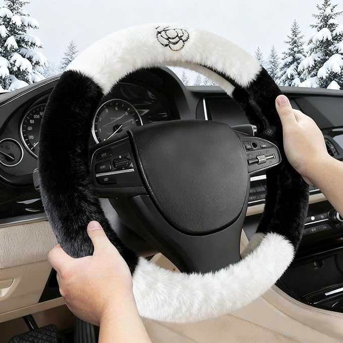 Camellia Flower Plush Steering Wheel Cover, Universal 14.5-15 Inch Winter Plush Warm Steering Wheel Cover, Soft Fluffy, Anti-Slip Design, Soft Texture (Black+White)