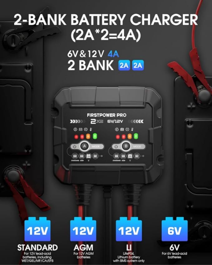 2-Bank, 4A (2A/Bank) Trickle Charger for Car Battery, 12V 6V Car Battery Charger, Automotive Battery Trickle Charger, Maintainer, for Motorcycle Lawn Mower AGM, Lithium Batteries