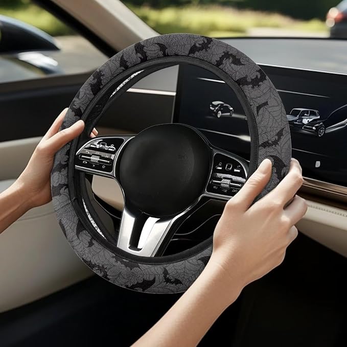 Wanyint Bat Spider Web Gray Car Steering Wheel Cover for Women Men, 15 Inch Soft Neoprene Stretchy Anti-Slip Washable Halloween Car Accessories Universal Fit for Sedans SUV