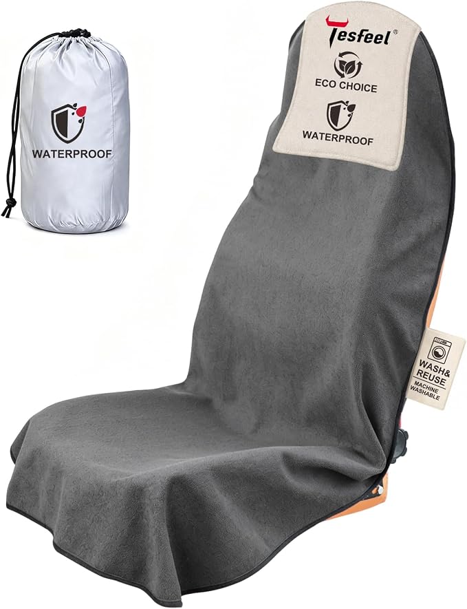 550g Heavy Duty Towel Car Seat Cover, Waterproof Sweat Protector for Post-Gym & Beach, Non-Slip Microfiber Bucket Seat Mat for Sedans SUV Minivans, Machine Washable (Gray, 1-Pack)