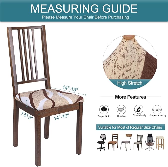 SearchI Seat Covers for Dining Room Chairs Stretch Printed Chair Seat Covers Set of 4, Removable Washable Upholstered Chair Seat Protector Cushion Slipcovers for Kitchen, Office(Beige)