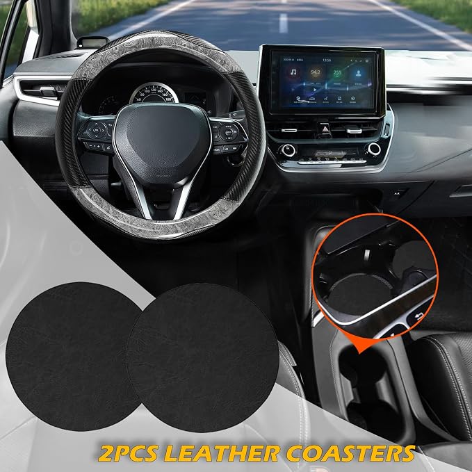 Wood Grain Steering Wheel Cover with Coasters Universal 14.5-15 inch | Black Gray Carbon Car Steering Wheel Covers Leather Microfiber Breathable Anti-Slip Durable Steering Wheel Accessories
