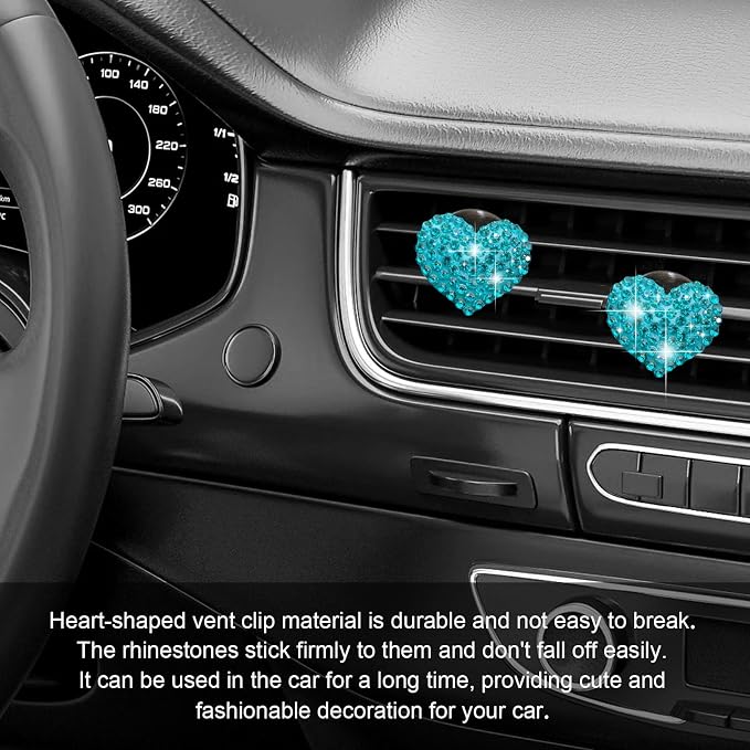 2Pcs Car Air Vent Clip, Bling Crystal Heart Charms Car Air Vent Clips, Air Conditioning Outlet Clip Decorative, Interior Decoration Accessories Universal for Women and Man (blue)
