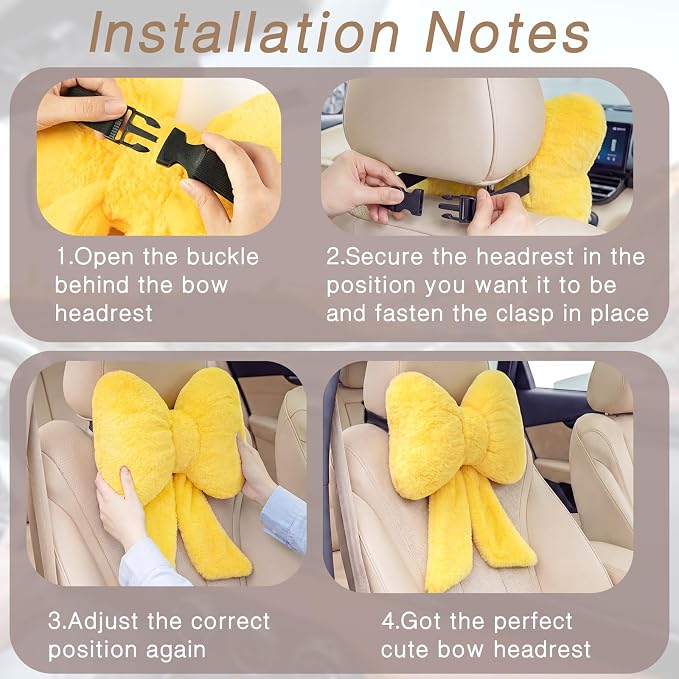 Macarrie 2 Pcs Car Neck Pillow Plush Butterfly Bow Car Headrest Pillow Comfortable Seat Neck Support Cute Head Rest Accessories for Driving Travel Driver Chair Girl Interior Decor(Lemon Yellow,Solid)