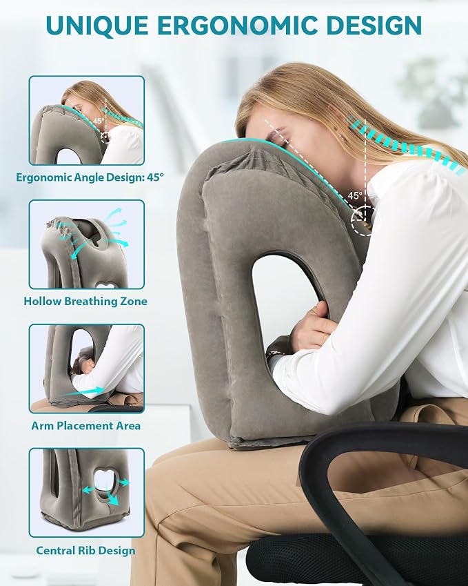 Inflatable Travel Pillow, Airplane Neck Pillow Comfortably Supports Head and Chin for Airplanes, Trains, Cars Office Napping on The Tray Table (Grey)