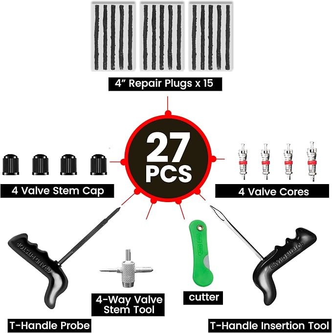 GRAND PITSTOP 27 Pcs Universal Tire Repair Kit, Heavy Duty Car Emergency Tool Kit for Flat Tire Puncture Repair, Compact Kit for Autos, Cars, Motorcycles, Trucks, RVs, etc. (15 Strips)