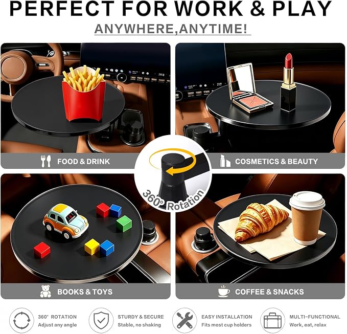 Car Tray Table & Car Desk for Laptop, Dual 360° Rotating Cup Holder Tray, Anti-Slip Leather-Textured Car Food Tray for Eating, Working & Makeup, Compatible with Tesla Model Y/3/S & Most Vehicles
