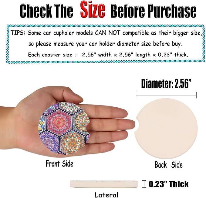 Mandala Ceramic Coasters 2 Pack, 2.56 inch Absorbent - Protect Car Cup Holders & Keep Your Car Clean