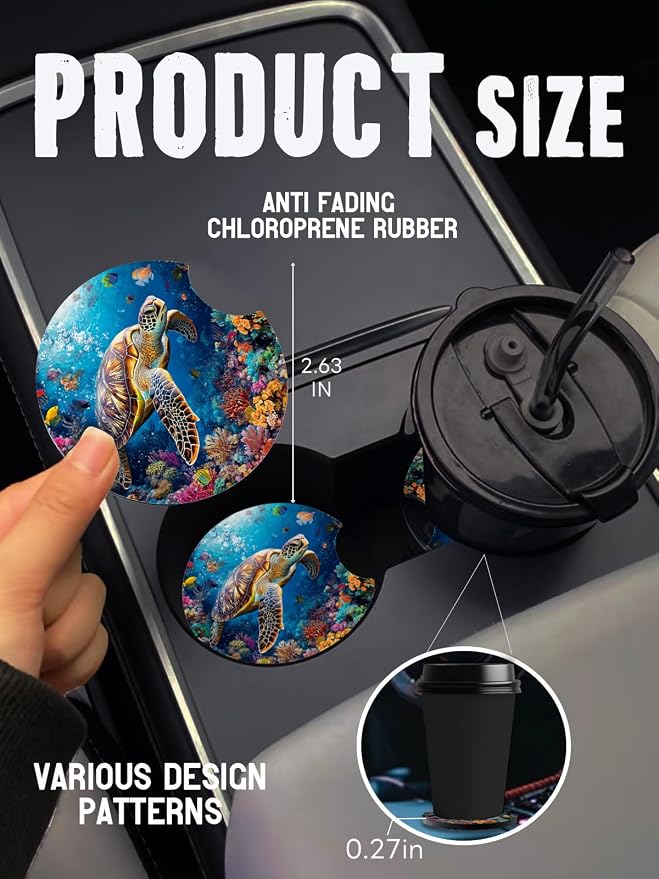 Car Cup Coasters,2 Pack Car Coaster,2.75inch Anti Slip and Absorbent Cars Coasters for Cup Holders,Neopren Accessories for Women,Cute Decor for Women (Sea Turtle)