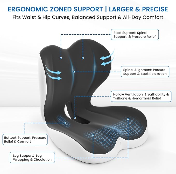 Car Seat Cushion Reducing Sciatica Pressure, Back & Tailbone Comfort | Hollow Design for Coccyx, Double-Sided Anti-Slip, L-Shaped Ergonomic Memory Foam Lumbar Cushion, Suitable for Long Sitting